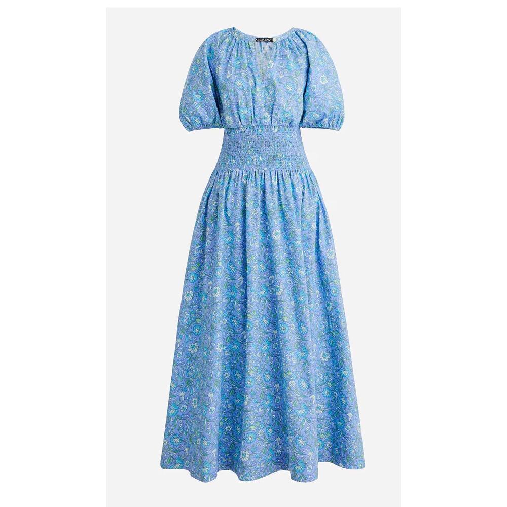J.CREW Women's Provence Floral Dress MEDIUM Blue Smocked Waist Midi 100% Cotton - Picture 2 of 13